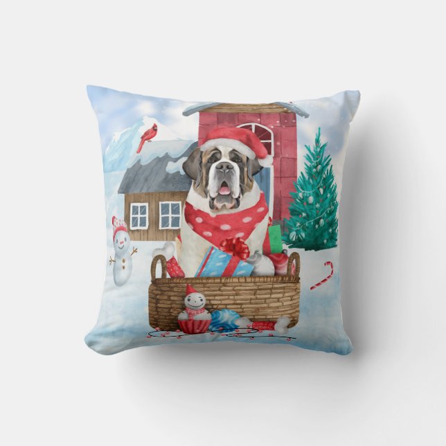 Saint Bernard Dog In snow Christmas Dog House Cushion (Front)