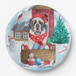 Saint Bernard Dog In snow Christmas Dog House Paper Plate
