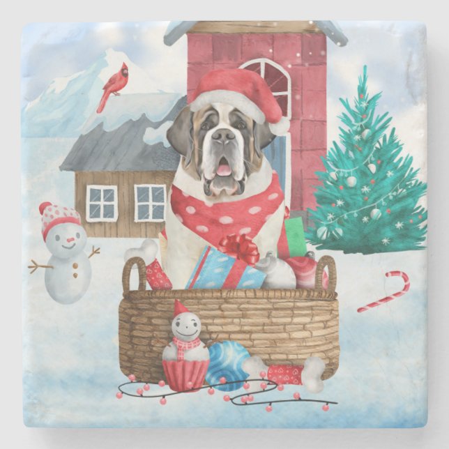 Saint Bernard Dog In snow Christmas Dog House  Stone Coaster (Front)