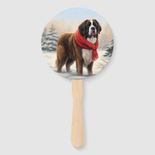 Saint Bernard Dog in Snow Christmas Hand Fan