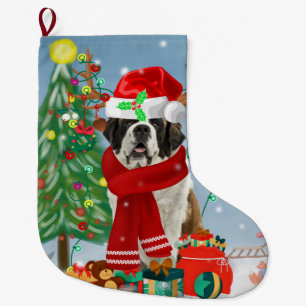Saint Bernard Dog in Snow Christmas Large Christmas Stocking
