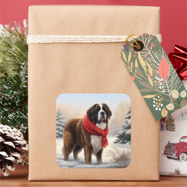 Saint Bernard Dog in Snow Christmas  Square Sticker (Holiday)