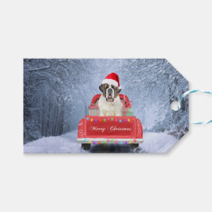 Saint Bernard Dog in Snow sitting Christmas Truck Gift Tags