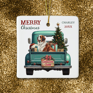 Saint Bernard Dog Retro Truck Christmas Ceramic Ornament