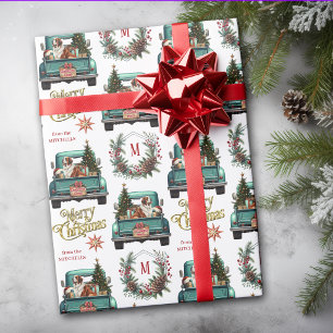 Saint Bernard Dog Retro Truck Monogram Christmas Wrapping Paper