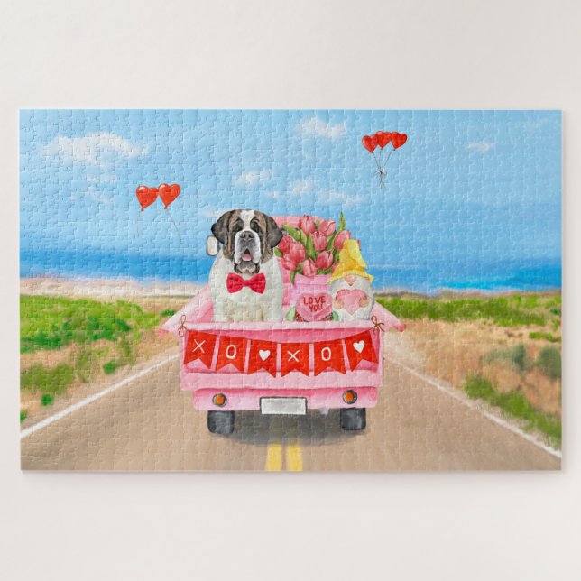 Saint Bernard Dog Valentine's Day Truck Hearts Jigsaw Puzzle (Horizontal)