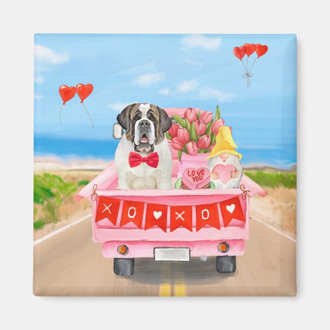 Saint Bernard Dog Valentine's Day Truck Hearts Magnet (Front)