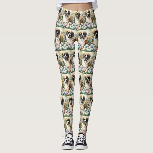 Saint Bernard Dog with Easter Eggs Holiday  Leggings (Front)