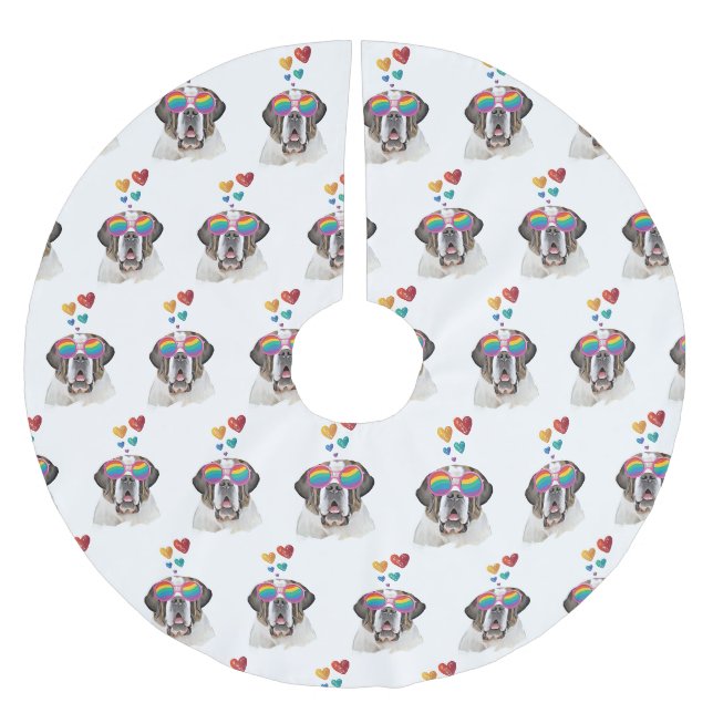 Saint Bernard Dog with Hearts Valentine's Day  Brushed Polyester Tree Skirt (Front)