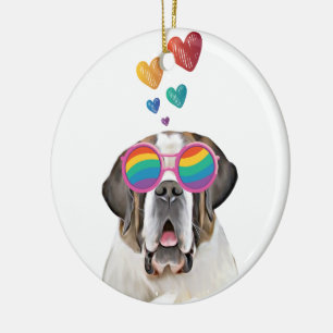 Saint Bernard Dog with Hearts Valentine's Day Ceramic Tree Decoration