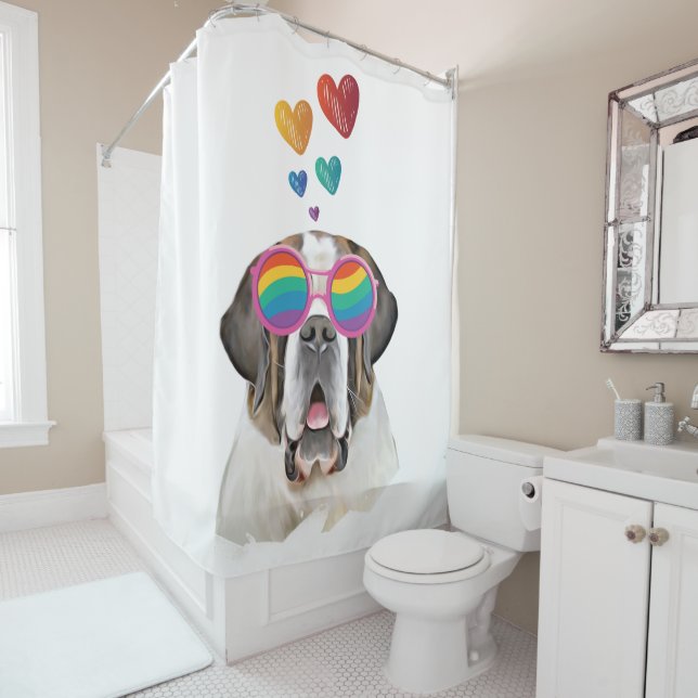 Saint Bernard Dog with Hearts Valentine's Day Shower Curtain (In Situ)