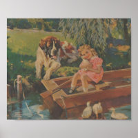Saint Bernard, Ducks, Little girl in boat