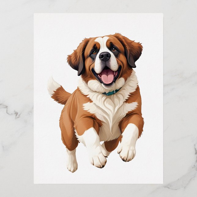 Saint Bernard Happy Playful Fun Jumping In The Air Foil Holiday Postcard (Front)