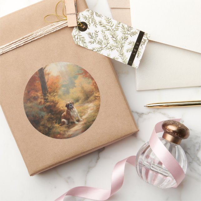 Saint Bernard in Autumn Leaves Fall Inspire Classic Round Sticker (Gifting)