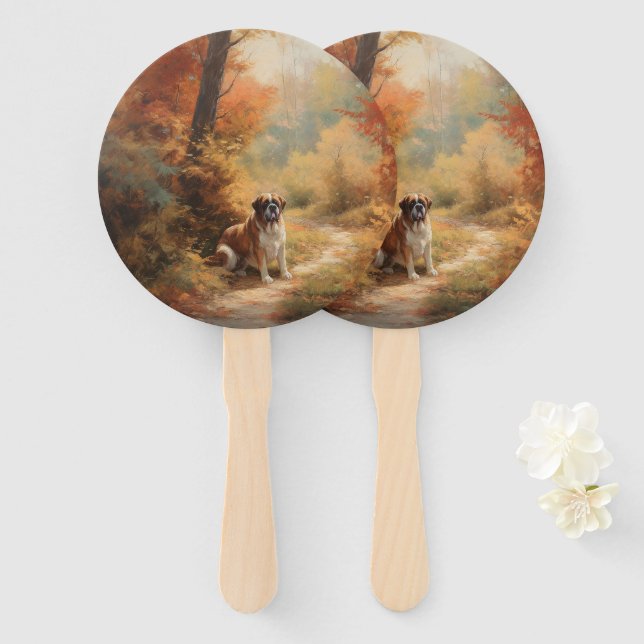 Saint Bernard in Autumn Leaves Fall Inspire Hand Fan (Front and Back)