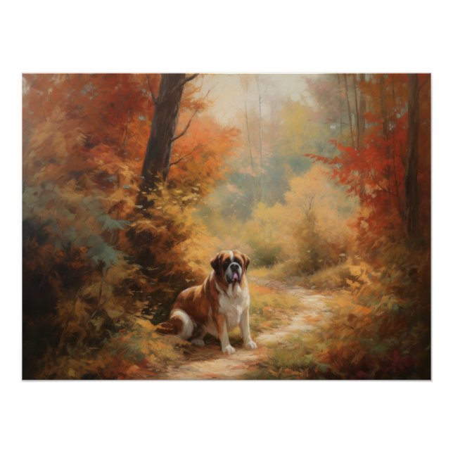 Saint Bernard in Autumn Leaves Fall Inspire Poster (Front)