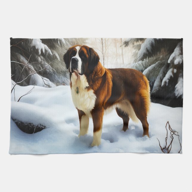 Saint Bernard Let It Snow Christmas Tea Towel (Horizontal)