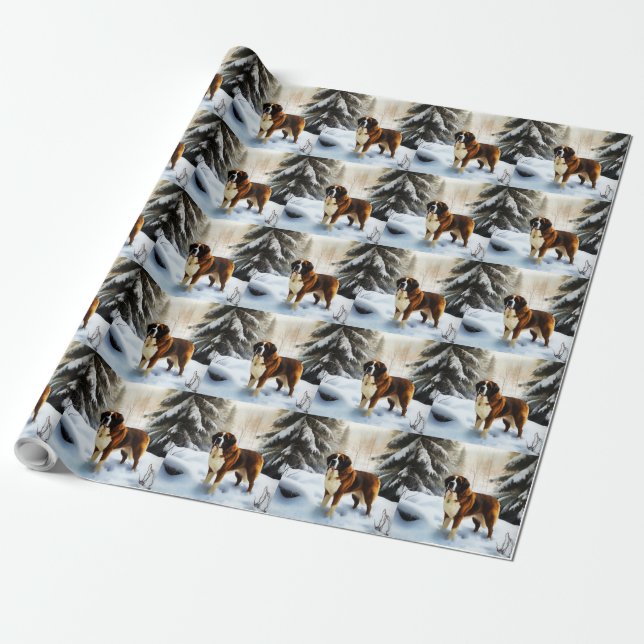 Saint Bernard Let It Snow Christmas Wrapping Paper (Unrolled)