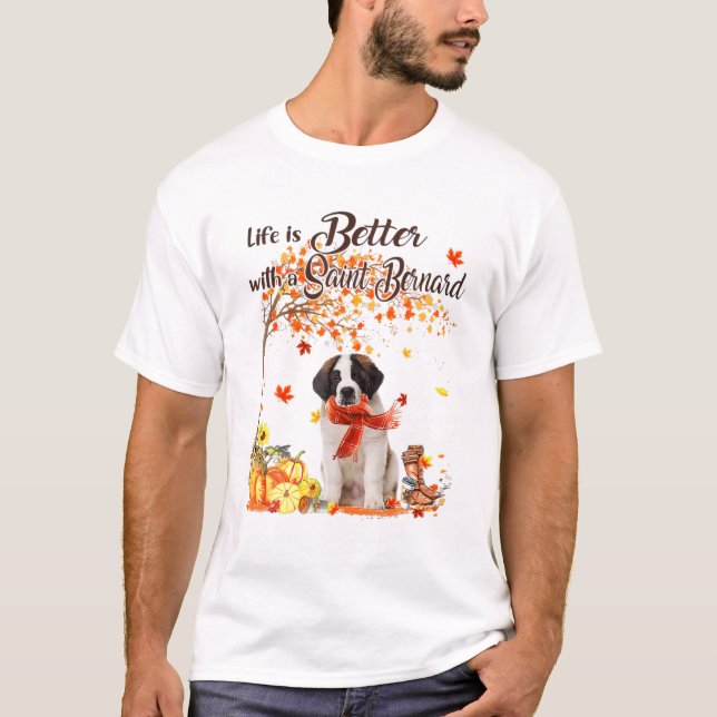 Saint Bernard Maple Tree Thanksgiving Day Cute Dog T-Shirt (Front)