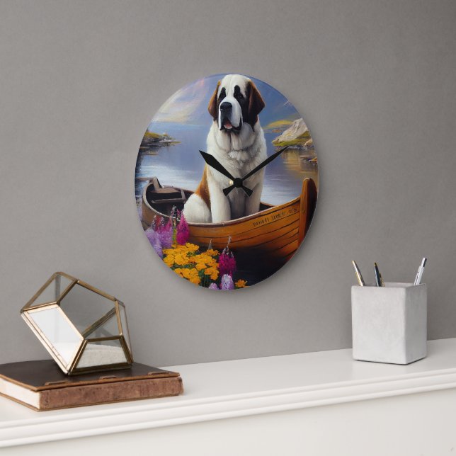 Saint Bernard on a Paddle: A Scenic Adventure Large Clock (Office)