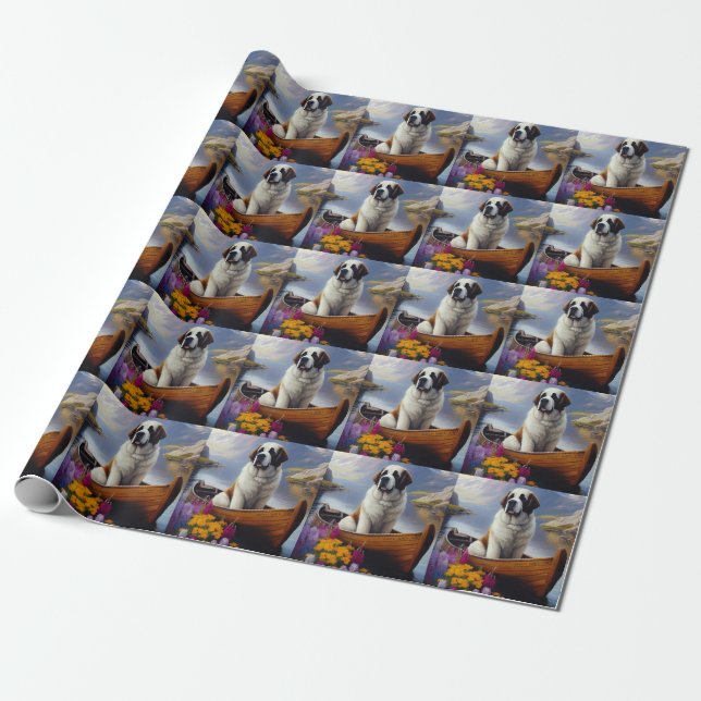 Saint Bernard on a Paddle: A Scenic Adventure Wrapping Paper (Unrolled)