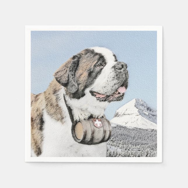 Saint Bernard Painting - Cute Original Dog Art Napkin (Front)