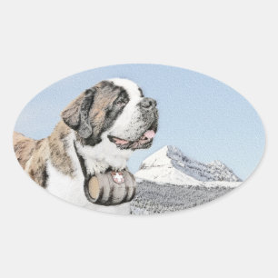 Saint Bernard Painting - Cute Original Dog Art Oval Sticker