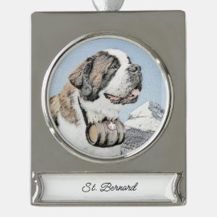 Saint Bernard Painting - Cute Original Dog Art Sil Silver Plated Banner Ornament