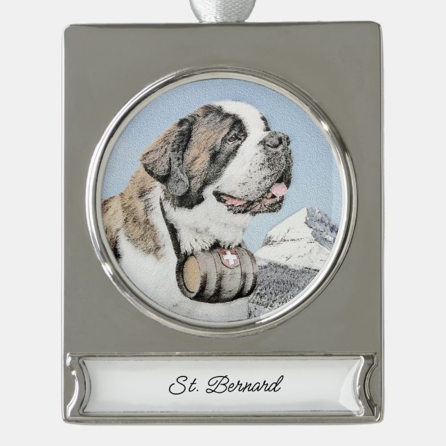 Saint Bernard Painting - Cute Original Dog Art Sil Silver Plated Banner Ornament (Front)