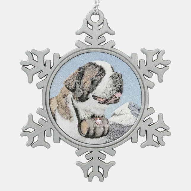 Saint Bernard Painting - Cute Original Dog Art Snowflake Pewter Christmas Ornament (Front)