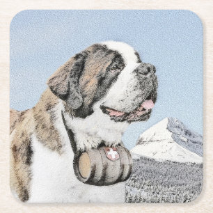 Saint Bernard Painting - Cute Original Dog Art Square Paper Coaster