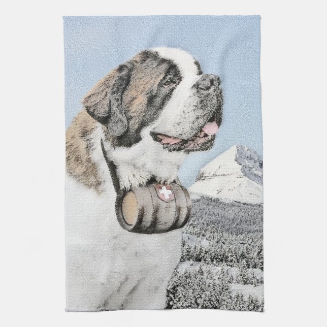 Saint Bernard Painting - Cute Original Dog Art Tea Towel (Vertical)