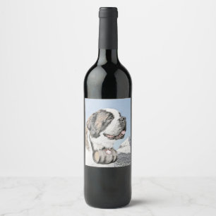 Saint Bernard Painting - Cute Original Dog Art Wine Label