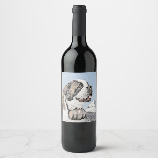 Saint Bernard Painting - Cute Original Dog Art Wine Label (Front)