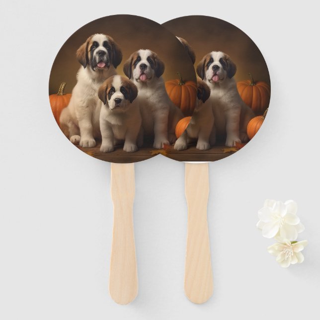 Saint Bernard Puppy Autumn Delight Pumpkin Hand Fan (Front and Back)