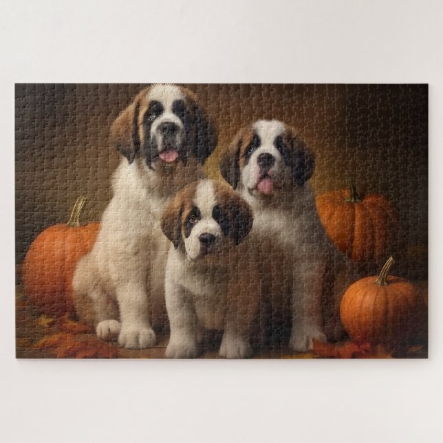 Saint Bernard Puppy Autumn Delight Pumpkin Jigsaw Puzzle (Horizontal)