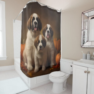 Saint Bernard Puppy Autumn Delight Pumpkin Shower Curtain