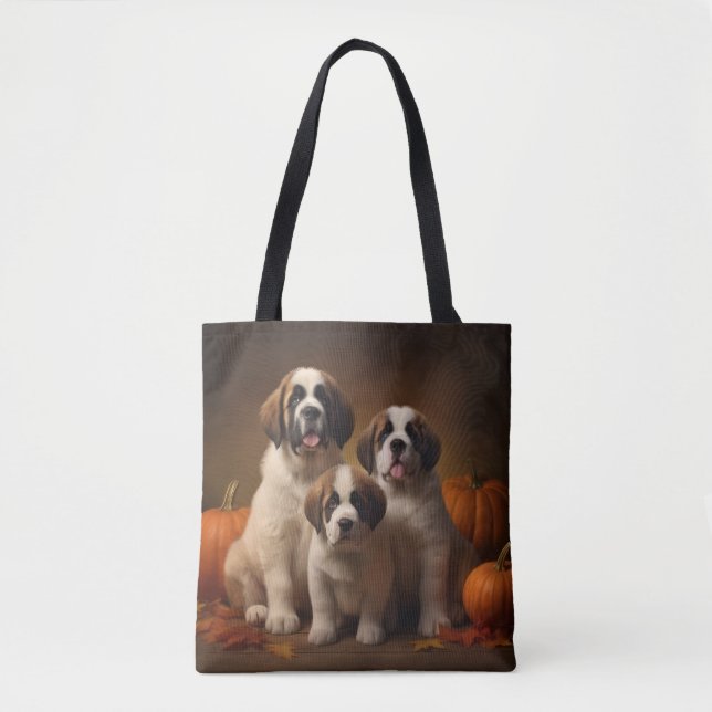 Saint Bernard Puppy Autumn Delight Pumpkin Tote Bag (Front)