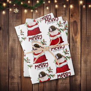 Saint Bernard Puppy Dog in Holiday Gift Bag Wrapping Paper Sheet