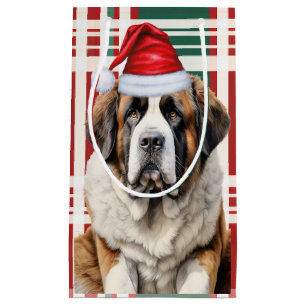 Saint Bernard Santa Dog Holiday Plaid Christmas Small Gift Bag