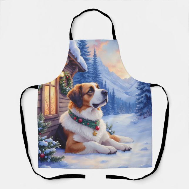 Saint Bernard Snowy Mountain Lodge Christmas Dog Apron (Front)
