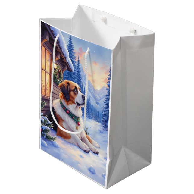 Saint Bernard Snowy Mountain Lodge Christmas Dog Medium Gift Bag (Front Angled)