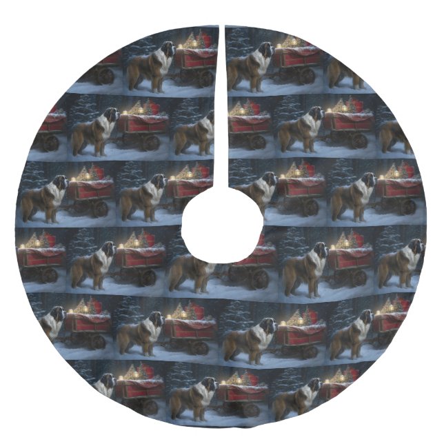 Saint Bernard Snowy Sleigh Christmas Decor Brushed Polyester Tree Skirt (Front)