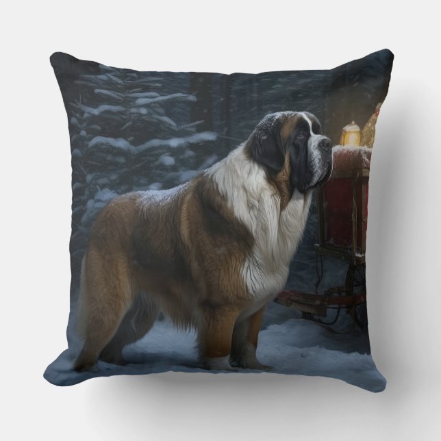 Saint Bernard Snowy Sleigh Christmas Decor Cushion (Front)