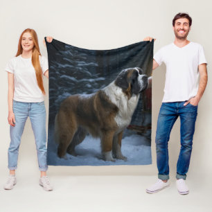 Saint Bernard Snowy Sleigh Christmas Decor Fleece Blanket