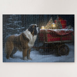 Saint Bernard Snowy Sleigh Christmas Decor Jigsaw Puzzle