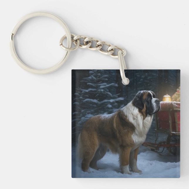 Saint Bernard Snowy Sleigh Christmas Decor Key Ring (Front)