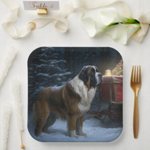 Saint Bernard Snowy Sleigh Christmas Decor Paper Plate
