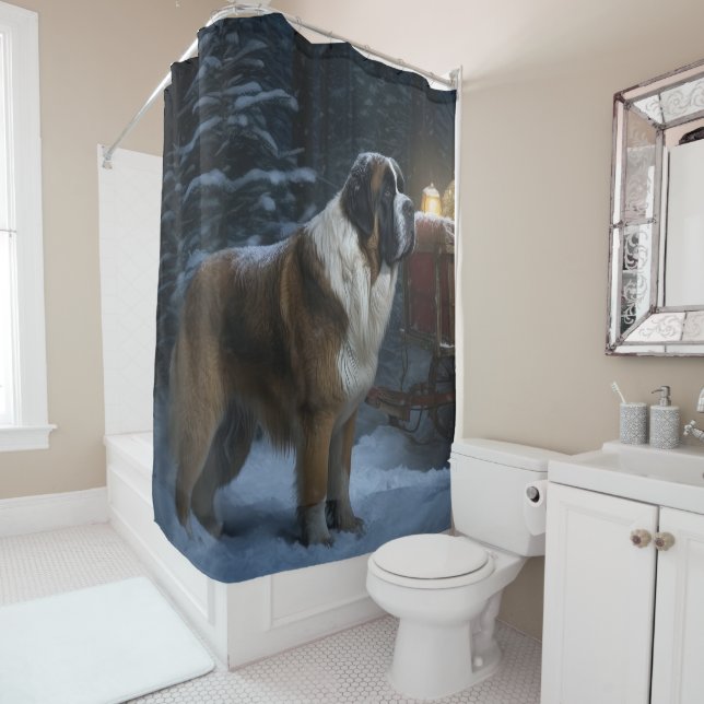 Saint Bernard Snowy Sleigh Christmas Decor Shower Curtain (In Situ)
