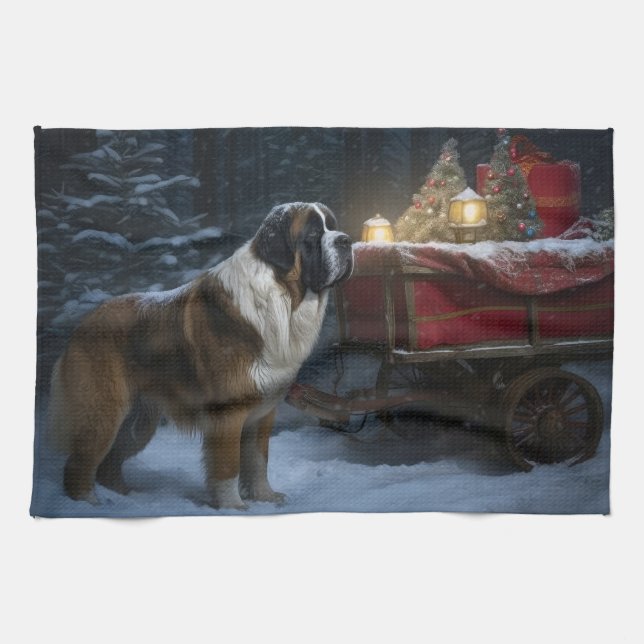 Saint Bernard Snowy Sleigh Christmas Decor Tea Towel (Horizontal)
